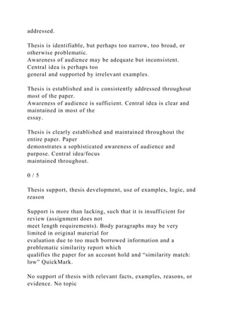 addressed.
Thesis is identifiable, but perhaps too narrow, too broad, or
otherwise problematic.
Awareness of audience may be adequate but inconsistent.
Central idea is perhaps too
general and supported by irrelevant examples.
Thesis is established and is consistently addressed throughout
most of the paper.
Awareness of audience is sufficient. Central idea is clear and
maintained in most of the
essay.
Thesis is clearly established and maintained throughout the
entire paper. Paper
demonstrates a sophisticated awareness of audience and
purpose. Central idea/focus
maintained throughout.
0 / 5
Thesis support, thesis development, use of examples, logic, and
reason
Support is more than lacking, such that it is insufficient for
review (assignment does not
meet length requirements). Body paragraphs may be very
limited in original material for
evaluation due to too much borrowed information and a
problematic similarity report which
qualifies the paper for an account hold and “similarity match:
low” QuickMark.
No support of thesis with relevant facts, examples, reasons, or
evidence. No topic
 