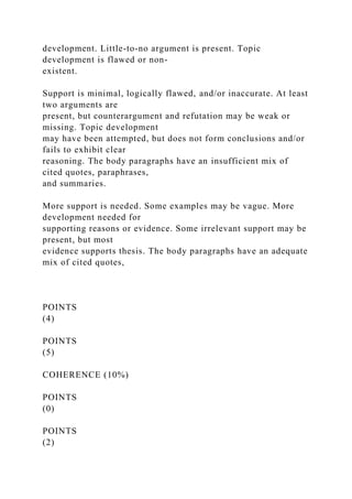 development. Little-to-no argument is present. Topic
development is flawed or non-
existent.
Support is minimal, logically flawed, and/or inaccurate. At least
two arguments are
present, but counterargument and refutation may be weak or
missing. Topic development
may have been attempted, but does not form conclusions and/or
fails to exhibit clear
reasoning. The body paragraphs have an insufficient mix of
cited quotes, paraphrases,
and summaries.
More support is needed. Some examples may be vague. More
development needed for
supporting reasons or evidence. Some irrelevant support may be
present, but most
evidence supports thesis. The body paragraphs have an adequate
mix of cited quotes,
POINTS
(4)
POINTS
(5)
COHERENCE (10%)
POINTS
(0)
POINTS
(2)
 