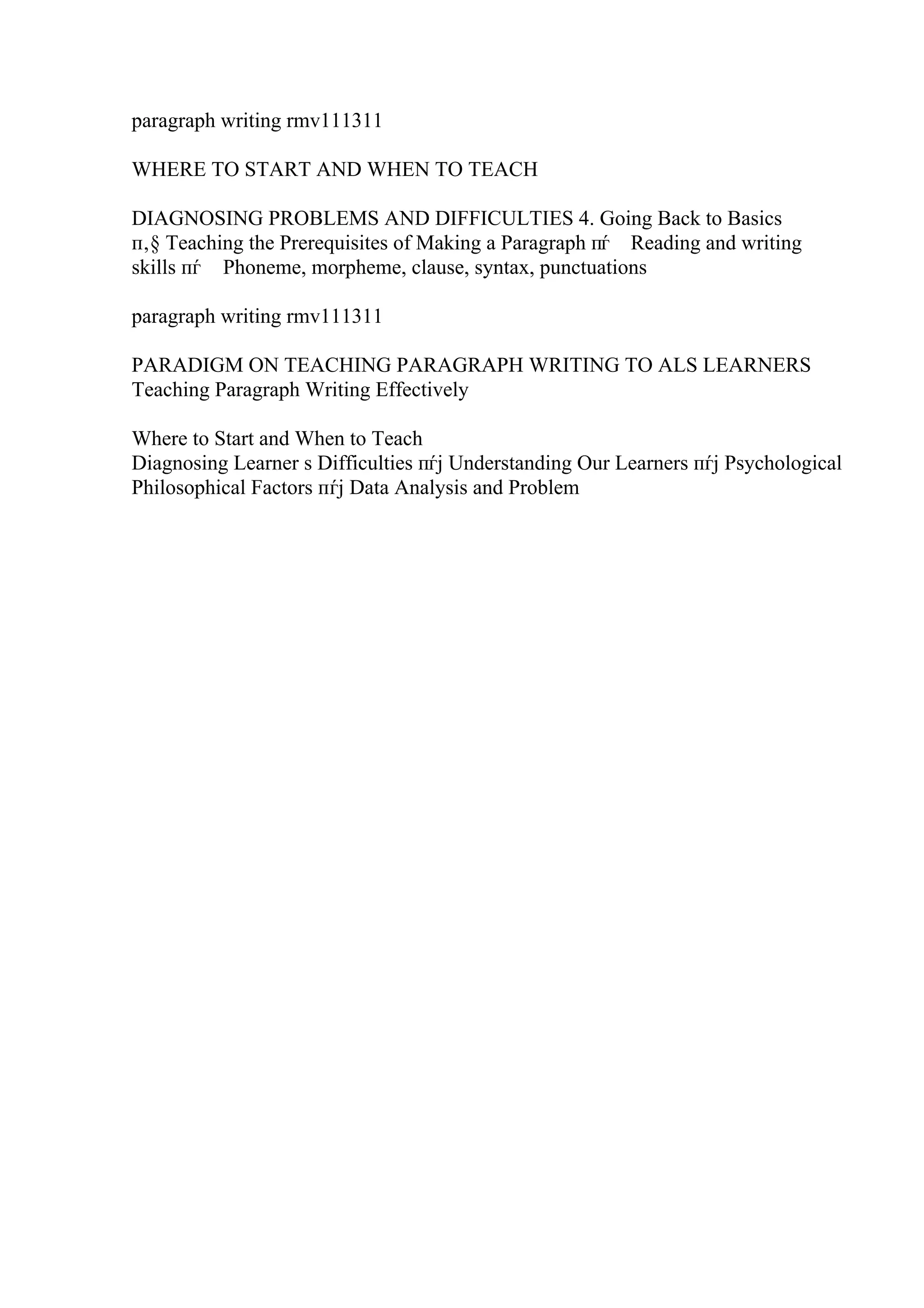 paragraph writing rmv111311
WHERE TO START AND WHEN TO TEACH
DIAGNOSING PROBLEMS AND DIFFICULTIES 4. Going Back to Basics
п‚§ Teaching the Prerequisites of Making a Paragraph пѓ Reading and writing
skills пѓ Phoneme, morpheme, clause, syntax, punctuations
paragraph writing rmv111311
PARADIGM ON TEACHING PARAGRAPH WRITING TO ALS LEARNERS
Teaching Paragraph Writing Effectively
Where to Start and When to Teach
Diagnosing Learner s Difficulties пѓј Understanding Our Learners пѓј Psychological
Philosophical Factors пѓј Data Analysis and Problem
 