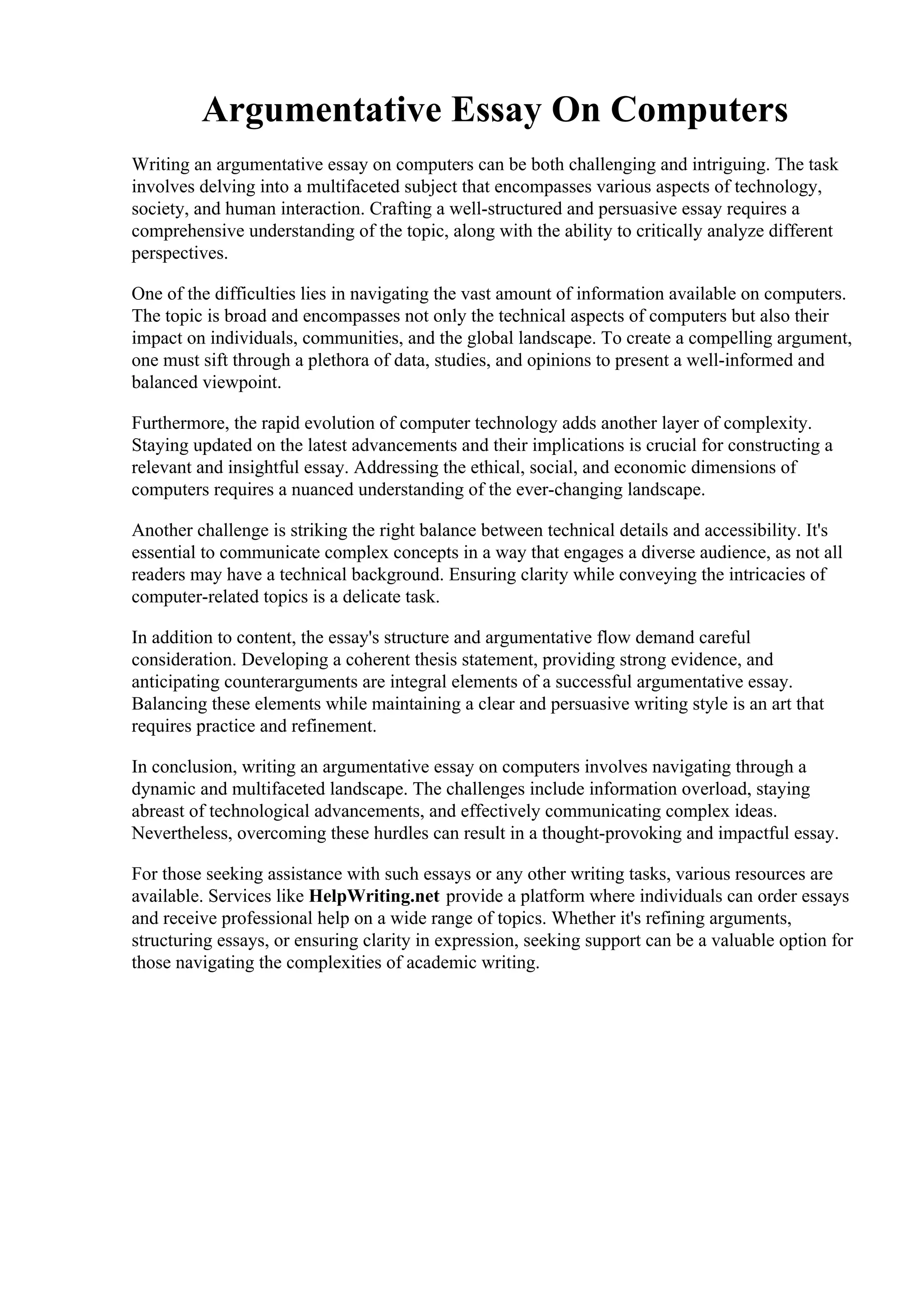 Basic Computer Essay Argumentative Essay On Computers | PDF