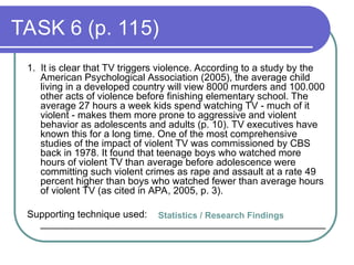 TASK 6 (p. 115)
1. It is clear that TV triggers violence. According to a study by the
American Psychological Association (2005), the average child
living in a developed country will view 8000 murders and 100.000
other acts of violence before finishing elementary school. The
average 27 hours a week kids spend watching TV - much of it
violent - makes them more prone to aggressive and violent
behavior as adolescents and adults (p. 10). TV executives have
known this for a long time. One of the most comprehensive
studies of the impact of violent TV was commissioned by CBS
back in 1978. It found that teenage boys who watched more
hours of violent TV than average before adolescence were
committing such violent crimes as rape and assault at a rate 49
percent higher than boys who watched fewer than average hours
of violent TV (as cited in APA, 2005, p. 3).
Supporting technique used:
____________________________________________________
Statistics / Research Findings
 