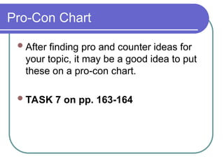 Pro-Con Chart
After finding pro and counter ideas for
your topic, it may be a good idea to put
these on a pro-con chart.
TASK 7 on pp. 163-164
 