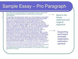 Sample Essay – Pro Paragraph
3 It is clear that advertisements manipulate viewers; first of all,
they destroy societal balance as they draw on gender
stereotypes.
4 Frequently advertisements make use of archetypes and myths
for the sake of making the message striking and memorable.
Thus, it is a common practice to represent women as
decorative objects at home who are submissive to men.
Studies have identified that in advertising women are less
often used in work representations compared with men (as
cited in Jacobson & Mazur, 2007, p. 217). In the advertisements
of house appliances, especially, women are typically equated
with housewives and mothers. Even when women are
portrayed in professional environments, they are often in
subordinate positions, receiving instructions. Hence,
professional women are reduced to order-takers. Men, on the
other hand, are commonly associated with power, leadership,
and efficiency. It is especially in car advertisements that these
features are paired with masculinity. Also, professional men
are shown in powerful and influential positions, giving orders.
It is mostly men who solve the problems, lead a company or
pursue professional goals. This double standard in the illustration
of genders not only reveals the mainstream view but also affirms it
because when consumers buy the advertised products, one
indirectly approves of the advertisements, and therefore contributes
to keeping and reproducing certain representations. Hence,
advertisements destroy the possibility of a society where both
genders are equal.
Back to the
thesis
statement and
original
argument
Supporting
techniques
(example,
explanation,
authority’s
opinion)
 