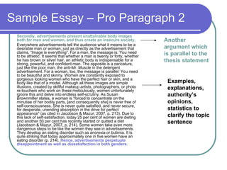 Sample Essay – Pro Paragraph 2
Secondly, advertisements present unattainable body images
both for men and women, and thus create an insecure society.
Everywhere advertisements tell the audience what it means to be a
desirable man or woman, just as directly as the advertisement that
claims, “Image is everything”. For a man, the message is: You need
to be athletic. It seems that whether a man is twenty or forty, whether
he has brown or silver hair, an athletic body is indispensable for a
strong, powerful, and confident man. The opposite is a caricature,
just like the poor man, the anti-Mr. Muscle in the detergent
advertisement. For a woman, too, the message is parallel: You need
to be beautiful and skinny. Women are constantly exposed to
gorgeous looking women who have the perfect hair or skin, and a
body like that of a model. Although all these images are simple
illusions, created by skillful makeup artists, photographers, or photo
re-touchers who work on these meticulously, women unfortunately
ignore this and delve into endless self-scrutiny. As Susan
Brownmiller states, a woman is “forced to concentrate on the
minutiae of her bodily parts, [and consequently she] is never free of
self-consciousness. She is never quite satisfied, and never secure,
for desperate, unending absorption in the drive for perfect
appearance” (as cited in Jacobson & Mazur, 2007, p. 213). Due to
this lack of self-satisfaction, today 25 per cent of women are dieting
and another 50 per cent has recently started or quitted a diet
(Jacobson & Mazur, 2007, p. 214). Some women take even more
dangerous steps to be like the women they see in advertisements.
They develop an eating disorder such as anorexia or bulimia. It is
quite striking that today approximately one in five women have an
eating disorder (p. 214). Hence, advertisements perpetuate
disappointment as well as dissatisfaction in both genders.
Another
argument which
is parallel to the
thesis statement
Examples,
explanations,
authority’s
opinions,
statistics to
clarify the topic
sentence
 