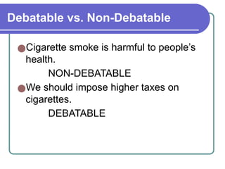 Debatable vs. Non-Debatable
●Cigarette smoke is harmful to people’s
health.
NON-DEBATABLE
●We should impose higher taxes on
cigarettes.
DEBATABLE
 