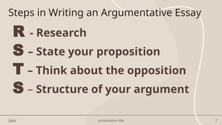 presentation title 7
Steps in Writing an Argumentative Essay
20XX
R - Research
S – State your proposition
T – Think about the opposition
S – Structure of your argument
 