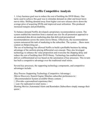 Netflix Competitive Analysis
1. A key business goal was to reduce the cost of building the DVD library. One
tactic used to achieve this goal was to stimulate demand on older and lesser know
movie titles. Shifting demand away from higher cost new releases drove down the
average price of acquiring DVDs and improved asset utilization. This produced
increased margins and profitability.
To balance demand Netflix developed a proprietary recommendation system. The
system enabled the transition from a manual one size fits all promotion approach to
an automated data driven marketing plan that delivered personalized
recommendations across the entire movie library. Effectively, the recommendation
system outsourced the task of marketing to the subscriber. The system ... Show more
content on Helpwriting.net ...
The use of technology has allowed Netflix to build a profitable business by taking
advantage of the uniform pricing differential cost concept. They also leveraged
technology to enhance the value proposition and overcome the shipping delay and
reduce the cost of building their DVD library. Technology has enabled them to
deliver a differentiated service based on the automation of key processes. This in turn
has built a competitive advantage over the traditional retail stores.
Several key processes, the supporting technology components, and competitive
advantages include:
|Key Process |Supporting Technology |Competitive Advantage |
|Movie Discovery |Search Engine |Matches subscriber preferences to |
| |Recommendation System |available library content. |
| | |Provides a personalized experience that |
| | |can t be replicated in retail stores. |
|Renting Movies |Automated Alerts and Reminders |Subscribers simply manage their
queue |
 