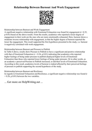 Relationship Between Burnout And Work Engagement
Relationship between Burnout and Work Engagement
A significant negative relationship with Emotional Exhaustion was found for engagement (r= 0.35,
p 0.01) based on the above results. From the results, academics who reported a lesser degree of
engagement in their work are the ones who are more emotionally exhausted. Here, burnout shows a
moderate inverse relationship with engagement, in that the higher degree of burnout reported the
lesser the engagement. This result supported the first hypothesis presented in the study, i.e. burnout
is negatively correlated with work engagement.
Relationship between Burnout and Pressure to Publish
In Table 6 above, results show Pressure to Publish to have a significant and positive relationship
with that of Emotional Exhaustion (r = 0.36, p 0.01) indicating that academics who reported
higher feelings of being under pressure to publish displayed higher levels of Emotional
Exhaustion than those who reported lower feelings of being under pressure. Or in other words, as
an academic s perceived Pressure to Publish increased, so did their levels of Emotional Exhaustion.
According to this result, academics levels of burnout is indeed affected by their perceived feelings
of pressure to publish supporting the second hypothesis of the study.
Relationship between Burnout and Resilience
In regards to Emotional Exhaustion and Resilience, a significant negative relationship was found (r
= 0.26, p 0.01) between the two variables.
... Get more on HelpWriting.net ...
 