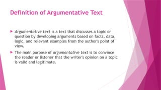 argumentative text including text, materials and exercises | PPTX