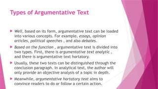 argumentative text including text, materials and exercises | PPTX