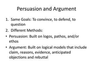 Persuasion and Argument
1. Same Goals: To convince, to defend, to
   question
2. Different Methods:
• Persuasion: Built on logos, pathos, and/or
  ethos
• Argument: Built on logical models that include
  claim, reasons, evidence, anticipated
  objections and rebuttal
 