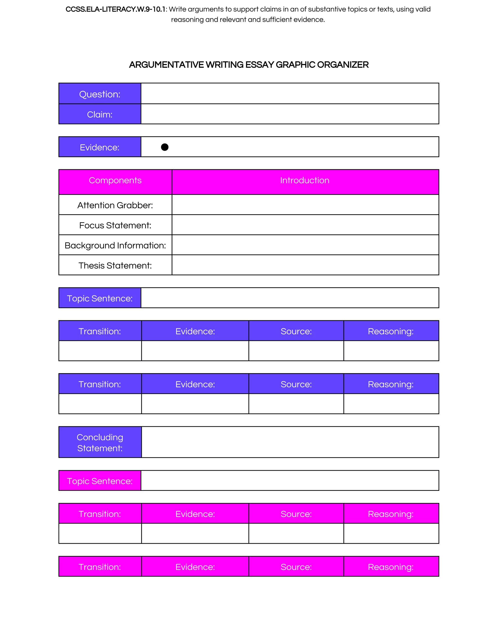 CCSS.ELA-LITERACY.W.9-10.1​: Write arguments to support claims in an of substantive topics or texts, using valid 
reasoning and relevant and sufficient evidence.   
 ARGUMENTATIVE WRITING ESSAY GRAPHIC ORGANIZER 
 
Question:   
Claim:   
 
Evidence:  ●  
 
Components  Introduction 
Attention Grabber:   
Focus Statement:   
Background Information:   
Thesis Statement:   
 
Topic Sentence:   
 
Transition:  Evidence:  Source:  Reasoning: 
       
 
Transition:  Evidence:  Source:  Reasoning: 
       
 
Concluding 
Statement: 
 
 
Topic Sentence:   
 
Transition:  Evidence:  Source:  Reasoning: 
       
 
Transition:  Evidence:  Source:  Reasoning: 
 