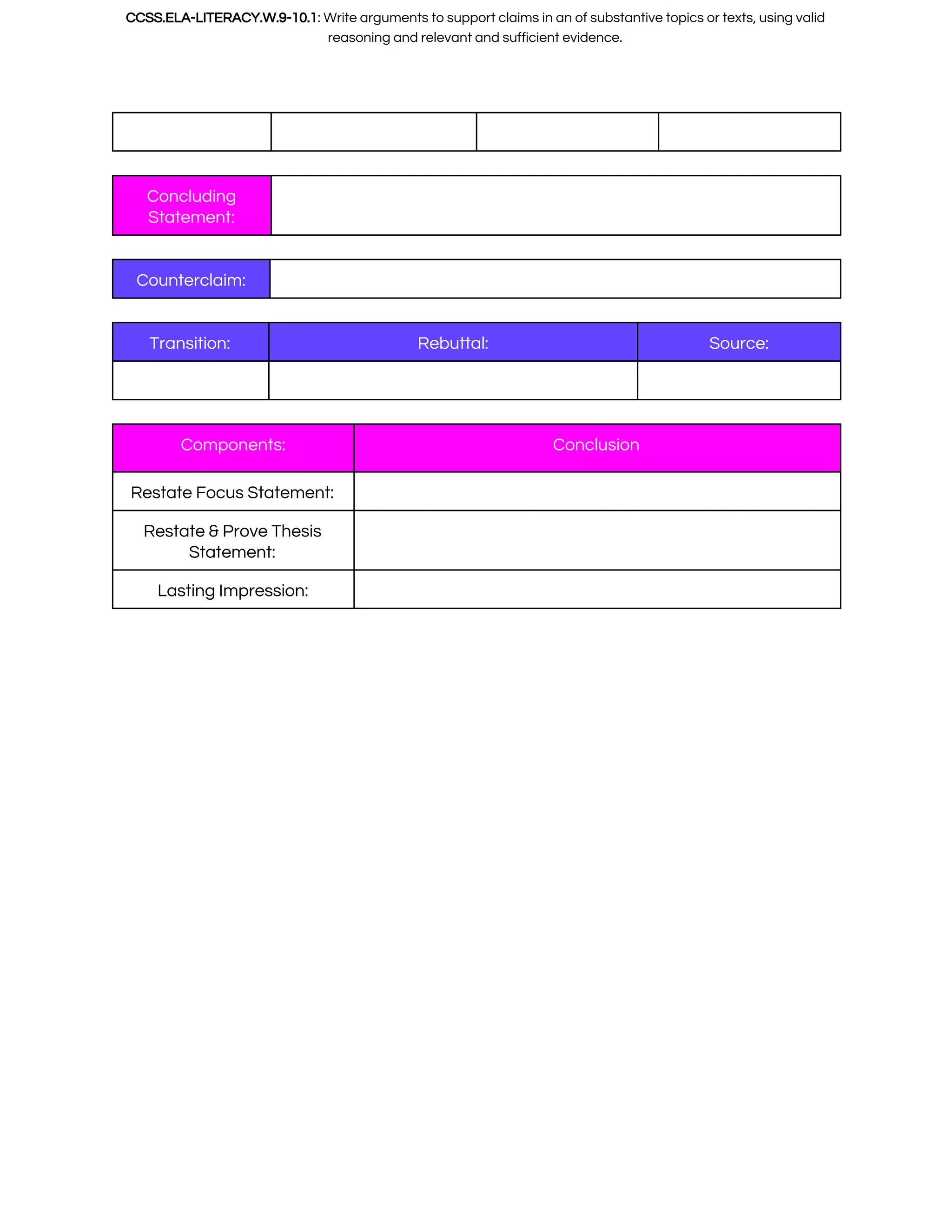 CCSS.ELA-LITERACY.W.9-10.1​: Write arguments to support claims in an of substantive topics or texts, using valid 
reasoning and relevant and sufficient evidence.   
       
 
Concluding 
Statement: 
 
 
Counterclaim:   
 
Transition:  Rebuttal:  Source: 
     
 
Components:   Conclusion 
Restate Focus Statement:   
Restate & Prove Thesis 
Statement: 
 
Lasting Impression:   
 
 
 