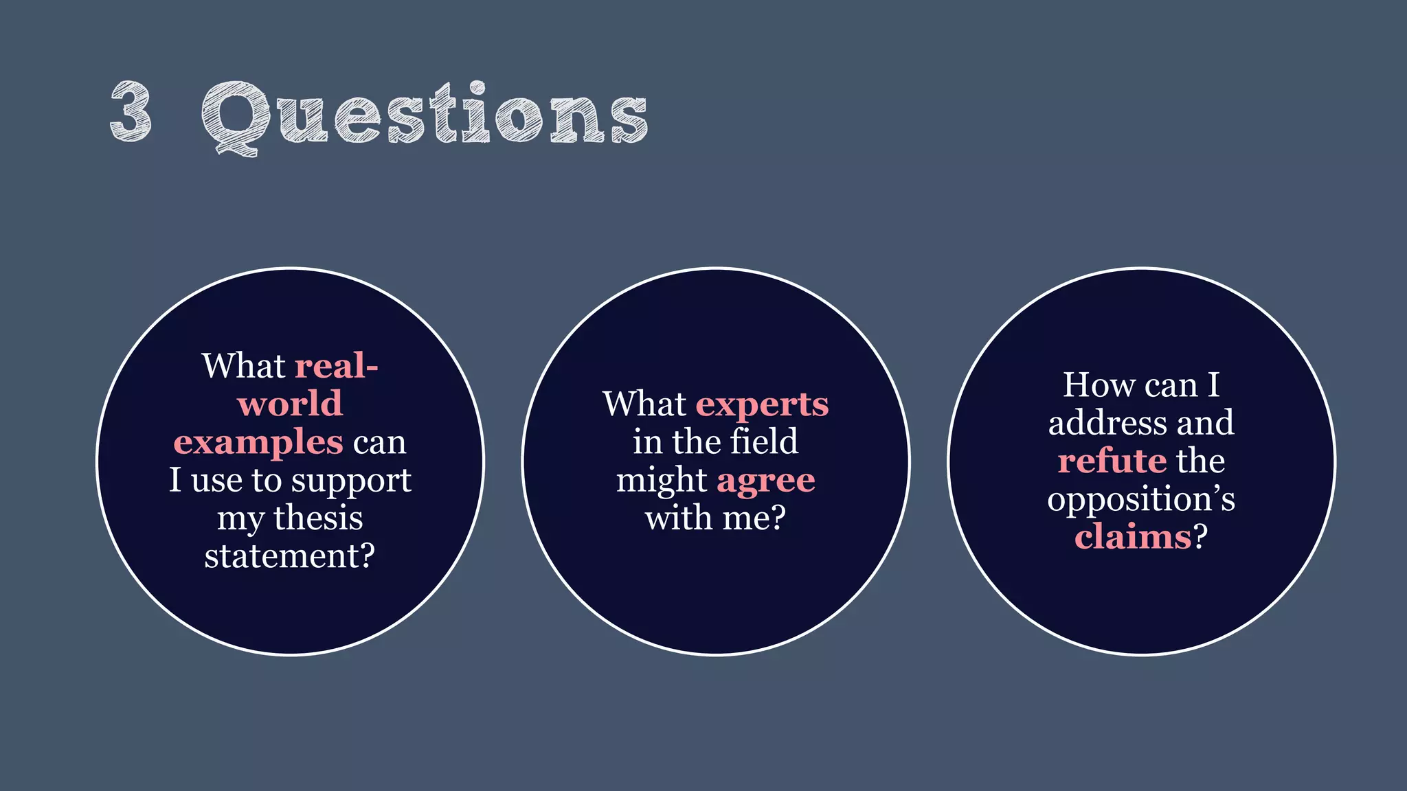 3 Questions
What real-
world
examples can
I use to support
my thesis
statement?
What experts
in the field
might agree
with me?
How can I
address and
refute the
opposition’s
claims?
 
