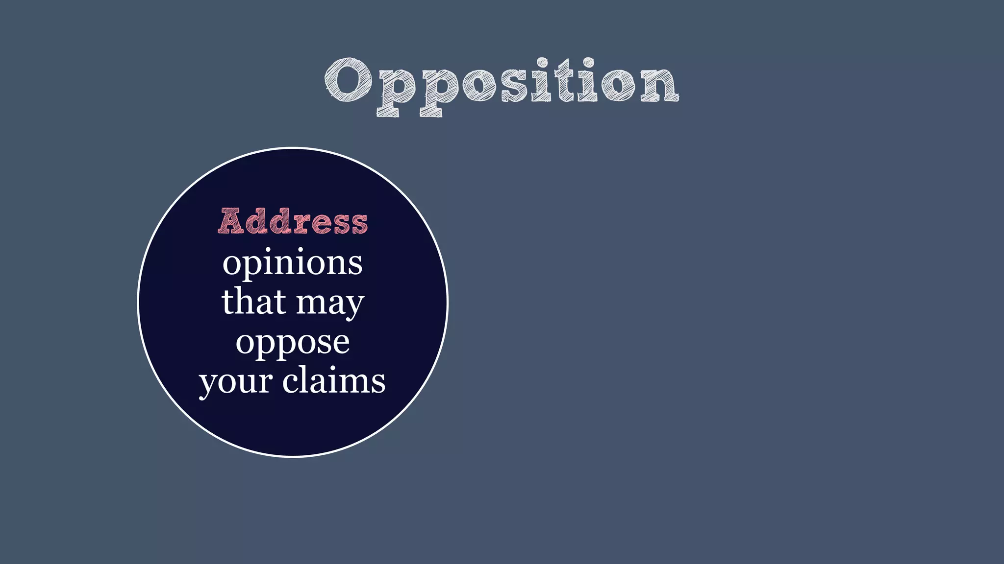 Opposition
Address
opinions
that may
oppose
your claims
 