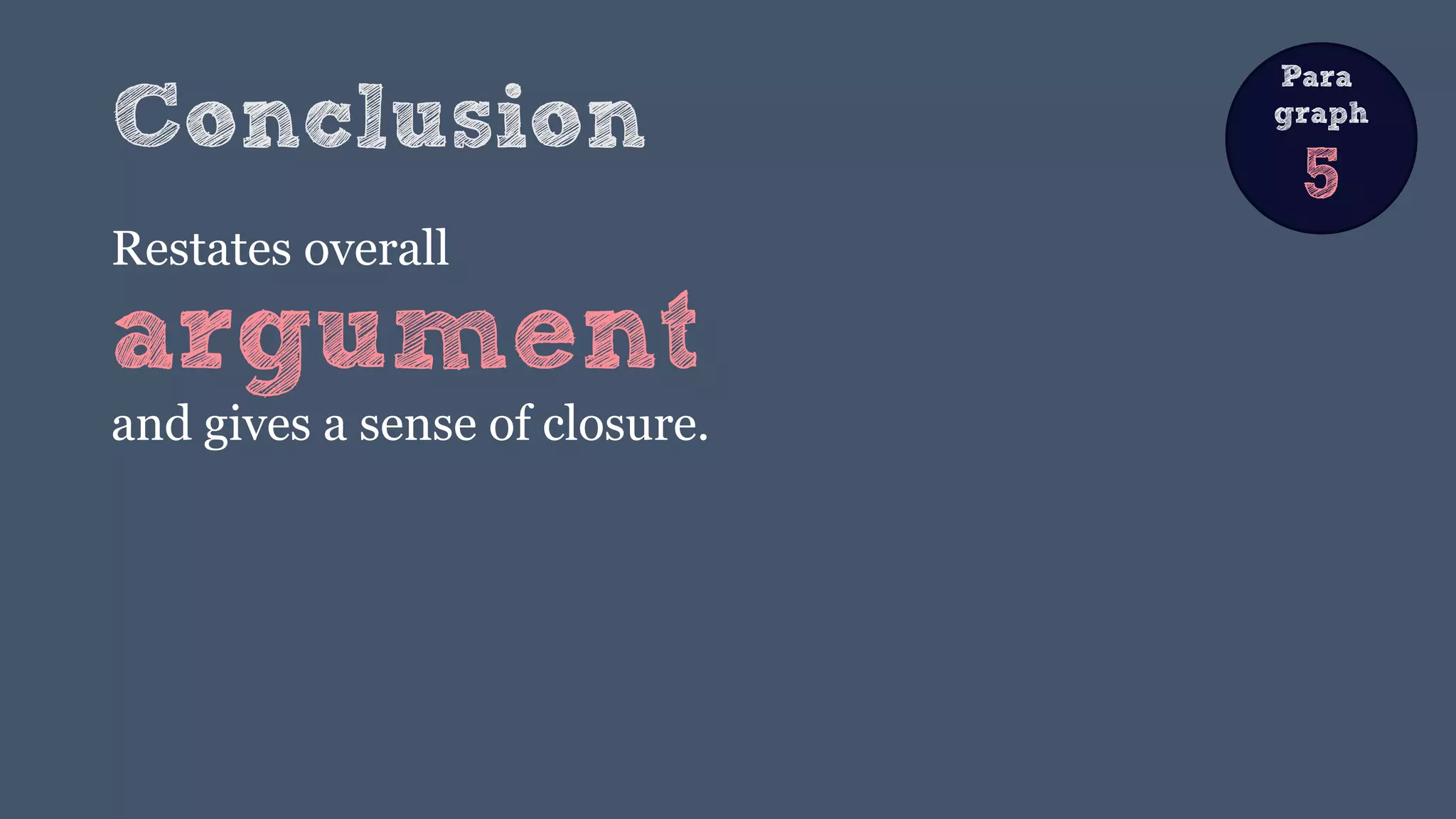 Conclusion
Restates overall
argument
and gives a sense of closure.
Do
notintroduce a new
argument.
Para
graph
5
 