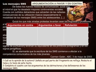Quizá los que más airadas protestas levantan sean los lingüistas y profesores,
a los que trae de cabeza la disortografía que impera en los mensajes; los padres,
porque son quienes pagan las facturas, y los sociólogos, preocupados por los casos de
adicción y de uso irresponsable.
Los defensores de esta modalidad de comunicación insisten en su novedad
absoluta y, sobre todo, en su carácter transgresor. Pero ni la novedad es tal, ni la
transgresión escapa de ciertas reglas. Muchos de los mecanismos de creación de los
SMS se remontan al origen de la escritura (¡hace 3300 años!). Igualmente, el uso de
emoticones [esas caritas, como la sonrisa ;-) construidas mediante la combinación de
signos de puntuación] tendrían su equivalente en los primitivos pictogramas y en los
signos jeroglíficos.
Sí, es alarmante que la escritura de los SMS comience a afectar a la
competencia comunicativa de los más jóvenes.
Carmen Galán, ABC, 3 de mayo de 2003
1 Cuál es la opinión de la autora? Señala en qué parte del fragmento se refleja. Redacta el
tema y la tesis de este texto.
2 Completa el cuadro con los argumentos de los detractores y los defensores de los
mensajes SMS.
Los mensajes SMS
De todos los nuevos medios de comunicación, quizá sea
el móvil el que ha desatado mayores controversias sociales.
Cuenta con sufridos detractores que advierten de las nefastas
consecuencias de su utilización masiva (especialmente la
modalidad de los mensajes SMS) entre los adolescentes. [...]
Argumentos en contra Argumentos a favor Refutación
• Disortografía
(profesores)
• Gasto (padres)
• Adicción y uso
irresponsable
(sociólogos)
• Novedad
• Carácter
transgresor
* Pictogramas y
jeroglíficos son
anteriores
Argumentos en contra Argumentos a favor Refutación
.
ARGUMENTACIÓN A FAVOR Y EN CONTRA
 