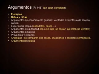 Argumentos (P. 146) (En color, completar)
• Ejemplos
• Datos y cifras
• Argumentos de conocimiento general: verdades evidentes o de sentido
común
• Experiencia propia (anécdotas, casos…)
• Argumentos de autoridad con o sin cita (se copian las palabras literales)
• Argumentos emotivos
• Proverbios y refranes.
• Analogías : se comparan dos cosas, situaciones o aspectos semejantes.
• Argumentación lógica
 