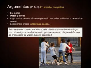 Argumentos (P. 146) (En amarillo, completar)
• Ejemplos
• Datos y cifras
• Argumentos de conocimiento general: verdades evidentes o de sentido
común
• Experiencia propia (anécdotas, casos…)
Recuerdo que cuando era niño lo más divertido para mí era ir a jugar
con mis amigos a un descampado, por supuesto sin ningún adulto que
se preocupara de vigilar nuestra seguridad.
 