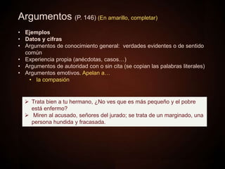 Argumentos (P. 146) (En amarillo, completar)
• Ejemplos
• Datos y cifras
• Argumentos de conocimiento general: verdades evidentes o de sentido
común
• Experiencia propia (anécdotas, casos…)
• Argumentos de autoridad con o sin cita (se copian las palabras literales)
• Argumentos emotivos. Apelan a…
• la compasión
 Trata bien a tu hermano, ¿No ves que es más pequeño y el pobre
está enfermo?
 Miren al acusado, señores del jurado; se trata de un marginado, una
persona hundida y fracasada.
 