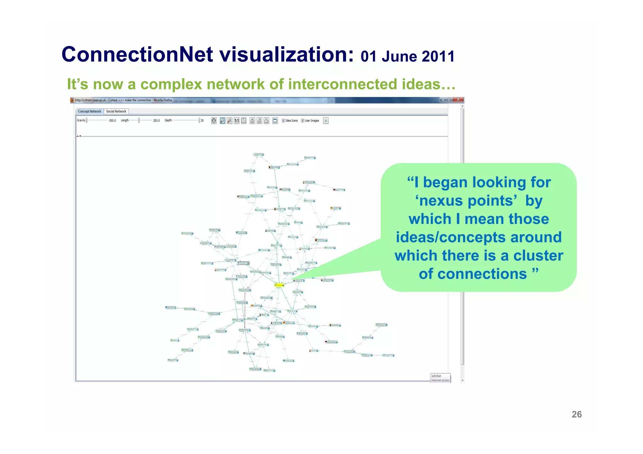 ConnectionNet visualization: 01 June 2011
It’s now a complex network of interconnected ideas…




                                            “I began looking for
                                             ‘nexus points’ by
                                            which I mean those
                                          ideas/concepts around
                                          which there is a cluster
                                              of connections ”




                                                                     26
 