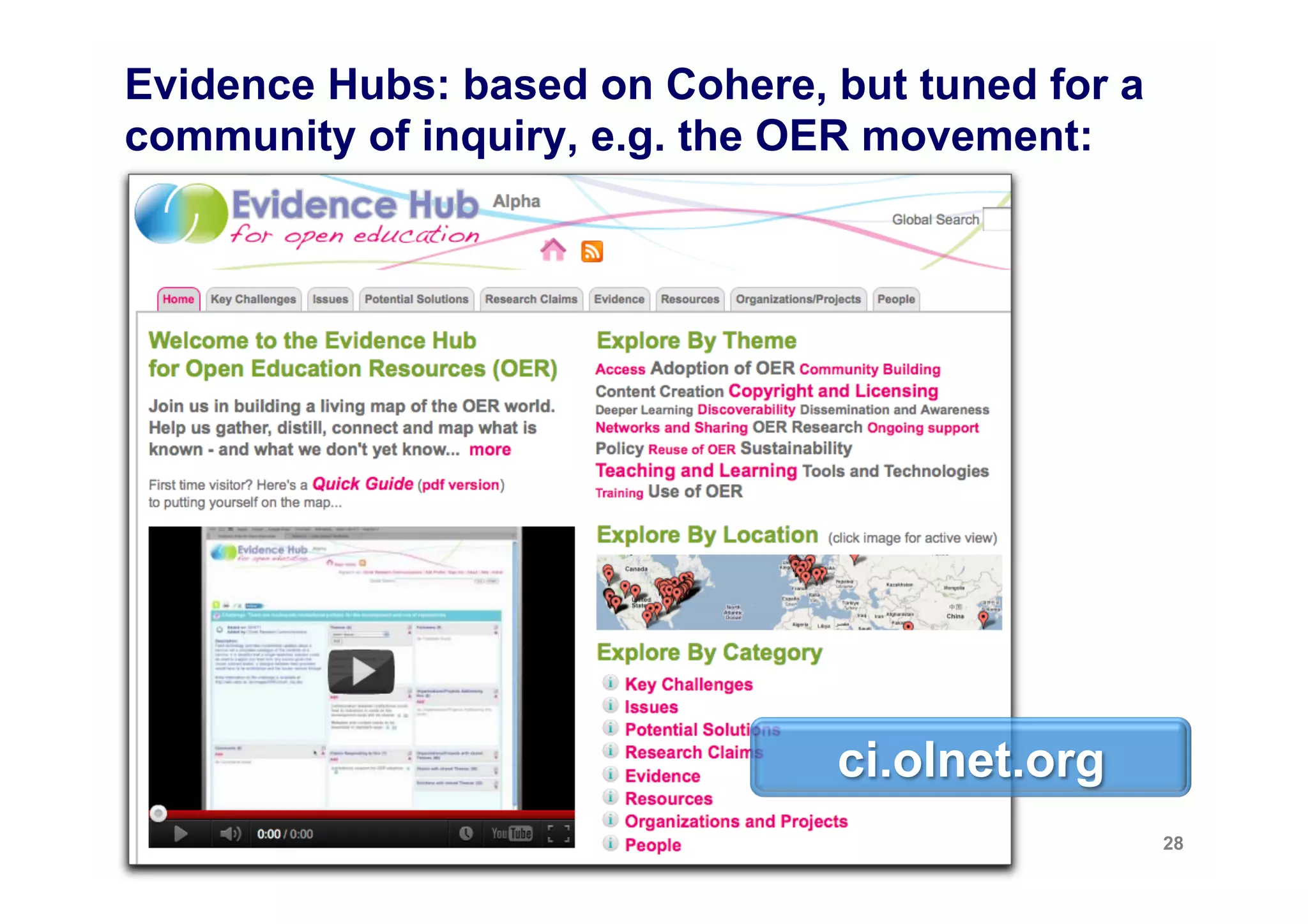 Evidence Hubs: based on Cohere, but tuned for a
community of inquiry, e.g. the OER movement:




                                ci.olnet.org
                                                  28
 