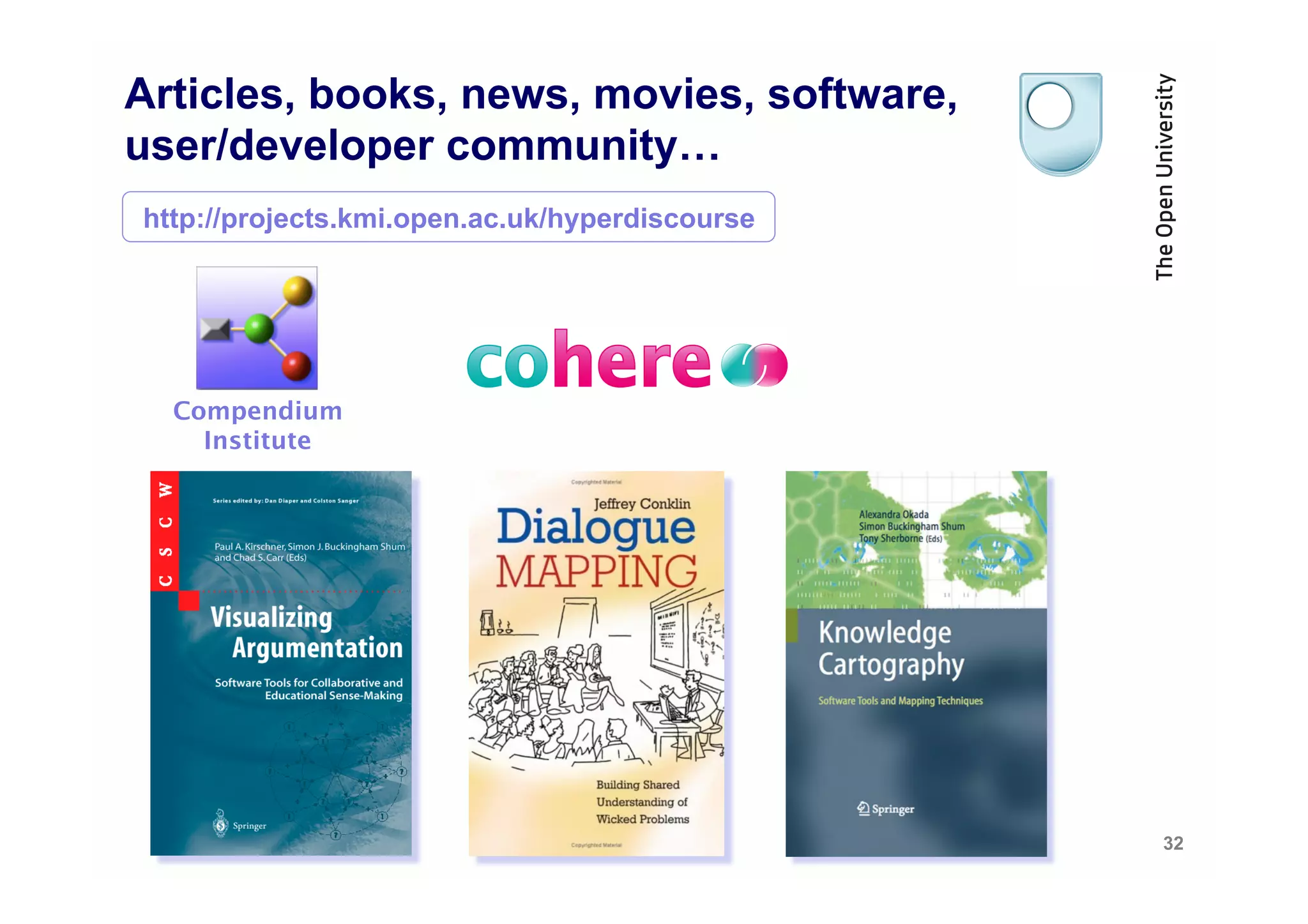 Articles, books, news, movies, software,
user/developer community…
http://projects.kmi.open.ac.uk/hyperdiscourse




  Compendium 
    Institute




                                                32
 