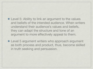 Level 5: Ability to link an argument to the values
and beliefs of the intended audience. When writers
understand their audience’s values and beliefs,
they can adapt the structure and tone of an
argument to more effectively appeal to them.

Level 5 argument writers who approach argument
as both process and product, thus, become skilled
in truth seeking and persuasion.
 