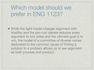 Which model should we
prefer in ENG 1123?

While the ﬁght model charges argument with
hostility and the pro-con debate reduces every
argument to two sides and the ultimate goal is to
win, the model of a committee of diverse voices
dedicated to the common cause of ﬁnding a
solution to a problem allows us to see argument
as both process and product.
 