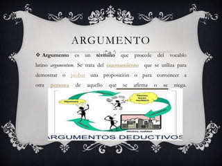 ARGUMENTO
 Argumento es un término que procede del vocablo
latino argumentum. Se trata del razonamiento que se utiliza para
demostrar o probar una proposición o para convencer a
otra persona de aquello que se afirma o se niega.
 