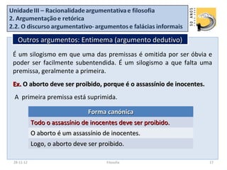 Outros argumentos: Entimema (argumento dedutivo)
É um silogismo em que uma das premissas é omitida por ser óbvia e
poder ser facilmente subentendida. É um silogismo a que falta uma
premissa, geralmente a primeira.
Ex. O aborto deve ser proibido, porque é o assassínio de inocentes.
A primeira premissa está suprimida.

                               Forma canónica
           Todo o assassínio de inocentes deve ser proibido.
           O aborto é um assassínio de inocentes.
           Logo, o aborto deve ser proibido.

28-11-12                             Filosofia                        17
 