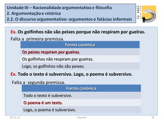 Ex. Os golfinhos não são peixes porque não respiram por guelras.
Falta a primeira premissa.
                                  Forma canónica
           Os peixes respiram por guelras.
           Os golfinhos não respiram por guelras.
           Logo, os golfinhos não são peixes.
Ex. Todo o texto é subversivo. Logo, o poema é subversivo.
 Falta a segunda premissa.
                                  Forma canónica
           Todo o texto é subversivo.
           O poema é um texto.
           Logo, o poema é subversivo.
28-11-12                                 Filosofia                 18
 