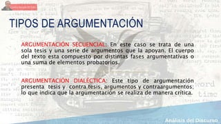 TIPOS DE ARGUMENTACIÓN
ARGUMENTACIÓN SECUENCIAL: En este caso se trata de una
sola tesis y una serie de argumentos que la apoyan. El cuerpo
del texto esta compuesto por distintas fases argumentativas o
una suma de elementos probatorios.
ARGUMENTACIÓN DIALÉCTICA: Este tipo de argumentación
presenta tesis y contra tesis, argumentos y contraargumentos;
lo que indica que la argumentación se realiza de manera crítica.
 