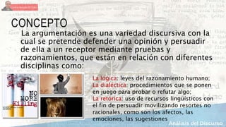 CONCEPTO
La argumentación es una variedad discursiva con la
cual se pretende defender una opinión y persuadir
de ella a un receptor mediante pruebas y
razonamientos, que están en relación con diferentes
disciplinas como:
La lógica: leyes del razonamiento humano;
La dialéctica: procedimientos que se ponen
en juego para probar o refutar algo;
La retórica: uso de recursos lingüísticos con
el fin de persuadir movilizando resortes no
racionales, como son los afectos, las
emociones, las sugestiones
 