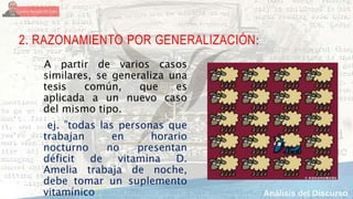 2. RAZONAMIENTO POR GENERALIZACIÓN:
A partir de varios casos
similares, se generaliza una
tesis común, que es
aplicada a un nuevo caso
del mismo tipo.
ej. ”todas las personas que
trabajan en horario
nocturno no presentan
déficit de vitamina D.
Amelia trabaja de noche,
debe tomar un suplemento
vitamínico”.
 