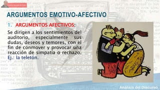 ARGUMENTOS EMOTIVO-AFECTIVO
1. ARGUMENTOS AFECTIVOS:
Se dirigen a los sentimientos del
auditorio, especialmente sus
dudas, deseos y temores, con el
fin de conmover y provocar una
reacción de simpatía o rechazo.
Ej.: la teletón.
 