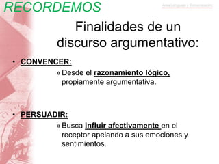 Finalidades de un
discurso argumentativo:
• CONVENCER:
» Desde el razonamiento lógico,
propiamente argumentativa.
• PERSUADIR:
» Busca influir afectivamente en el
receptor apelando a sus emociones y
sentimientos.
RECORDEMOS
 