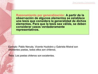 Razonamiento por generalización: A partir de la
observación de algunos elementos se establece
una tesis que considera la generalidad de dichos
elementos. Para que la tesis sea válida, se deben
considerar casos verdaderamente
representativos.
Ejemplo: Pablo Neruda, Vicente Huidobro y Gabriela Mistral son
excelentes poetas, todos ellos son chilenos.
Tesis: Los poetas chilenos son excelentes.
 