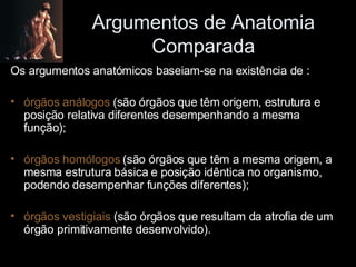 Argumentos de Anatomia Comparada Os argumentos anatómicos baseiam-se na existência de : órgãos análogos  (são órgãos que têm origem, estrutura e posição relativa diferentes desempenhando a mesma função);  órgãos homólogos  (são órgãos que têm a mesma origem, a mesma estrutura básica e posição idêntica no organismo, podendo desempenhar funções diferentes);  órgãos vestigiais  (são órgãos que resultam da atrofia de um órgão primitivamente desenvolvido). 