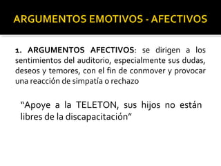1. ARGUMENTOS AFECTIVOS: se dirigen a los
sentimientos del auditorio, especialmente sus dudas,
deseos y temores, con el fin de conmover y provocar
una reacción de simpatía o rechazo
“Apoye a la TELETON, sus hijos no están
libres de la discapacitación”
 