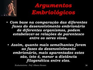 Argumentos
                      Embriológicos
• Com base na comparação das diferentes
   fases do desenvolvimento embrionário
      de diferentes organismos, podem
    estabelecer-se relações de parentesco
             entre os seres vivos.
• Assim, quanto mais semelhantes forem
       as fases do desenvolvimento
   embrionário, mais aparentados estes
      são, isto é, menor a distância
          filogenética entre eles.
    Evolucionismo - Prof. Albano Novaes   34
 
