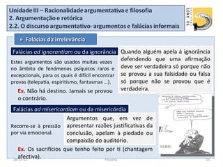 » Falácias da irrelevância

 Falácias ad ignorantiam ou da ignorância Quando alguém apela à ignorância
Estes argumentos são usados muitas vezes        defendendo que uma afirmação
no âmbito de fenómenos psíquicos raros e deve ser verdadeira só porque não
excepcionais, para os quais é difícil encontrar se provou a sua falsidade ou falsa
provas (telepatia, espiritismo, fantasmas …).   só porque não se provou que é
   Ex. Não há destino. Jamais se provou verdadeira.
  o contrário.
 Falácias ad misericordiam ou da misericórdia
                        Argumentos que, em vez de
Recorre-se à pressão apresentar razões justificativas da
por via emocional.      conclusão, apelam à piedade ou
                        compaixão do auditório.
    Ex. Os sacrifícios que tenho feito por ti (chantagem
    afectiva).
 28-11-12                             Filosofia                                 25
 