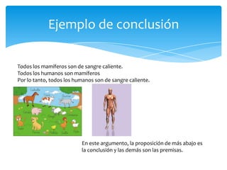 Ejemplo de conclusión

Todos los mamíferos son de sangre caliente.
Todos los humanos son mamíferos
Por lo tanto, todos los humanos son de sangre caliente.




                          En este argumento, la proposición de más abajo es
                          la conclusión y las demás son las premisas.
 