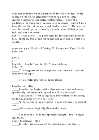 handouts available on eCompanion in the MLA folder. Every
source on the works cited page will have a two-to-three
sentence summary: annotated bibliography. Follow the
guidelines for formatting the annotated summary: indent 1 inch
from the last line of the entry and double- spaced. The sources
must be varied: print, scholarly journals, some Websites (no
Wikipedia or Ask.com).
Rubric/Grade Sheet: The point total for the argument paper is
150. There are two argument papers and each one is worth 150
points.
Argument paper/English 1 Spring 2014 Argument Paper Grade
Sheet.dot
PAGE
2
English 1: Grade Sheet for the Argument Paper
Title: (5)
_____Title suggests the main argument and does not repeat or
announce the topic.
_____Title creates interest in the argument.
Introduction: (10)
_____Introduction begins with a first sentence that addresses,
specifically, the issue and topic that will be addressed.
_____Contains sufficient background information on the issue,
the topic, and the writer’s position.
_____Writer includes the exigence: why is this issue important
now.
_____All sentences logically flow to the thesis.
_____The introduction is an appropriate length: five-to-eight
sentences.
Thesis Statement: (15)
_____It is the last sentence of the introduction that clearly
 