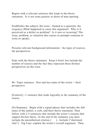 Begins with a relevant sentence that leads to the thesis
statement. It is not some generic or dawn of man opening
Establishes the subject, the issue—framed as a question, the
exigency (What happened to cause this argument? Why is it
perceived as a defect or problem? Is it new or recurring? The
issue, problem, or situation that causes or prompts someone to
write or speak).
Presents relevant background information: the types of sources,
the perspectives
Ends with the thesis statement: Keep it brief, but include the
number of sources and the fact they represent three distinct
perspectives on the issue
M= Topic sentence: first and last name of the writer + their
perspective
[Context]—1 sentence that leads logically to the summary of the
source.
(E)-Summary: Begin with a signal phrase that includes the full
name of the author, a verb, and their thesis statement. Then
follow with 2-3 sentences that include the writer’s reasons that
support his/her thesis. At the end of the summary you must
include the parenthetical citation ( ). Include (“shortened
title”). Tag Line: explain the writer’s overall argument. Then
 
