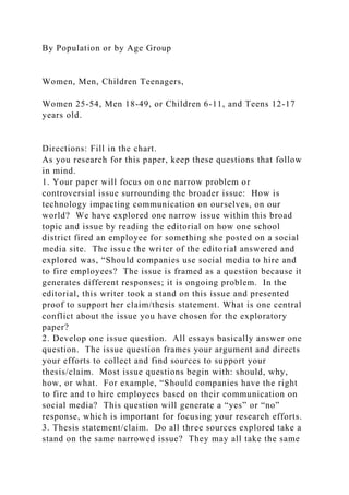 By Population or by Age Group
Women, Men, Children Teenagers,
Women 25-54, Men 18-49, or Children 6-11, and Teens 12-17
years old.
Directions: Fill in the chart.
As you research for this paper, keep these questions that follow
in mind.
1. Your paper will focus on one narrow problem or
controversial issue surrounding the broader issue: How is
technology impacting communication on ourselves, on our
world? We have explored one narrow issue within this broad
topic and issue by reading the editorial on how one school
district fired an employee for something she posted on a social
media site. The issue the writer of the editorial answered and
explored was, “Should companies use social media to hire and
to fire employees? The issue is framed as a question because it
generates different responses; it is ongoing problem. In the
editorial, this writer took a stand on this issue and presented
proof to support her claim/thesis statement. What is one central
conflict about the issue you have chosen for the exploratory
paper?
2. Develop one issue question. All essays basically answer one
question. The issue question frames your argument and directs
your efforts to collect and find sources to support your
thesis/claim. Most issue questions begin with: should, why,
how, or what. For example, “Should companies have the right
to fire and to hire employees based on their communication on
social media? This question will generate a “yes” or “no”
response, which is important for focusing your research efforts.
3. Thesis statement/claim. Do all three sources explored take a
stand on the same narrowed issue? They may all take the same
 