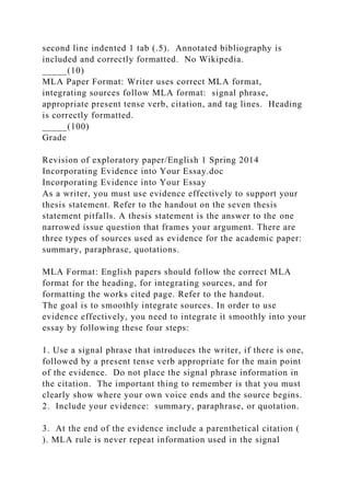 second line indented 1 tab (.5). Annotated bibliography is
included and correctly formatted. No Wikipedia.
_____(10)
MLA Paper Format: Writer uses correct MLA format,
integrating sources follow MLA format: signal phrase,
appropriate present tense verb, citation, and tag lines. Heading
is correctly formatted.
_____(100)
Grade
Revision of exploratory paper/English 1 Spring 2014
Incorporating Evidence into Your Essay.doc
Incorporating Evidence into Your Essay
As a writer, you must use evidence effectively to support your
thesis statement. Refer to the handout on the seven thesis
statement pitfalls. A thesis statement is the answer to the one
narrowed issue question that frames your argument. There are
three types of sources used as evidence for the academic paper:
summary, paraphrase, quotations.
MLA Format: English papers should follow the correct MLA
format for the heading, for integrating sources, and for
formatting the works cited page. Refer to the handout.
The goal is to smoothly integrate sources. In order to use
evidence effectively, you need to integrate it smoothly into your
essay by following these four steps:
1. Use a signal phrase that introduces the writer, if there is one,
followed by a present tense verb appropriate for the main point
of the evidence. Do not place the signal phrase information in
the citation. The important thing to remember is that you must
clearly show where your own voice ends and the source begins.
2. Include your evidence: summary, paraphrase, or quotation.
3. At the end of the evidence include a parenthetical citation (
). MLA rule is never repeat information used in the signal
 