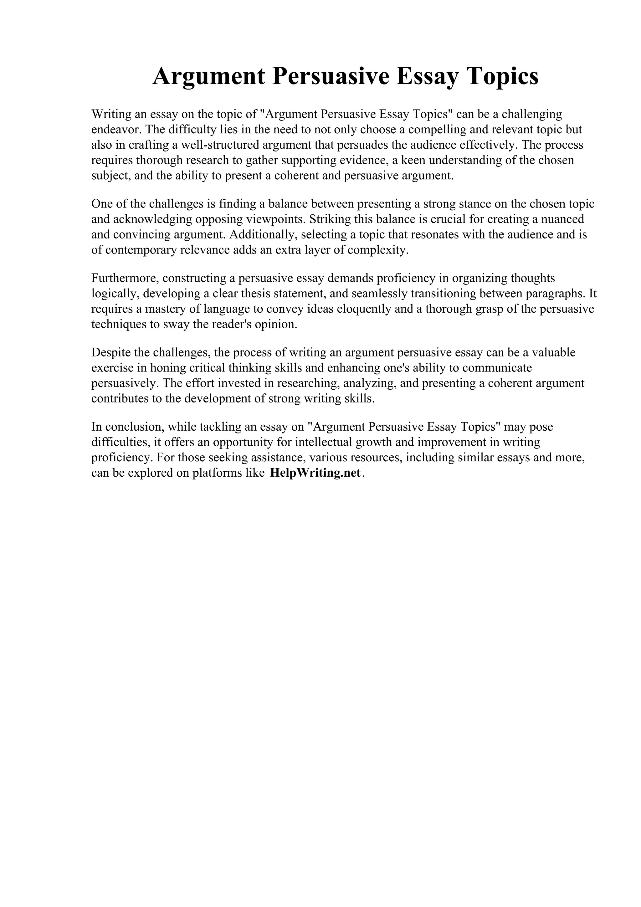 Argument Persuasive Essay Topics | PDF