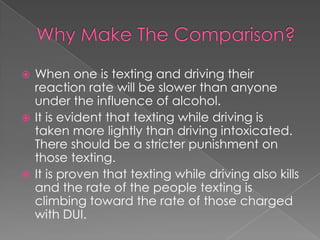 Why Make The Comparison? When one is texting and driving their reaction rate will be slower than anyone under the influence of alcohol. It is evident that texting while driving is taken more lightly than driving intoxicated. There should be a stricter punishment on those texting. It is proven that texting while driving also kills and the rate of the people texting is climbing toward the rate of those charged with DUI.