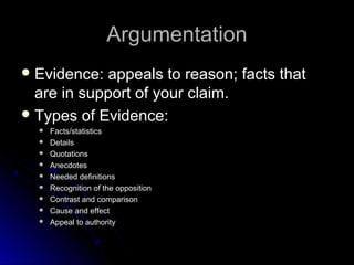 ArgumentationArgumentation
 Evidence: appeals to reason; facts thatEvidence: appeals to reason; facts that
are in support of your claim.are in support of your claim.
 Types of Evidence:Types of Evidence:
 Facts/statisticsFacts/statistics
 DetailsDetails
 QuotationsQuotations
 AnecdotesAnecdotes
 Needed definitionsNeeded definitions
 Recognition of the oppositionRecognition of the opposition
 Contrast and comparisonContrast and comparison
 Cause and effectCause and effect
 Appeal to authorityAppeal to authority
 